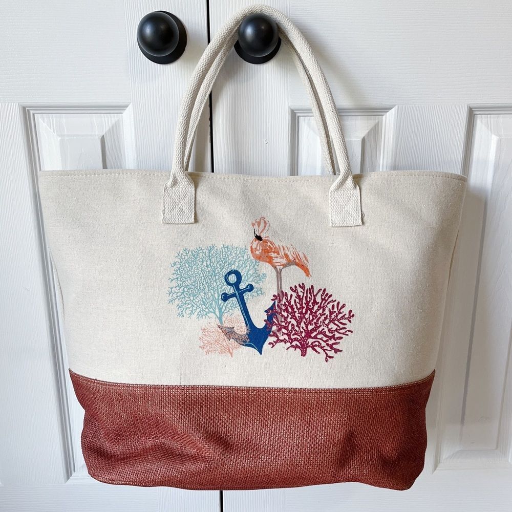 Coastal Flamingo Cream & Orange Woven Linen Canvas Oversized Tote Bag | NWOT